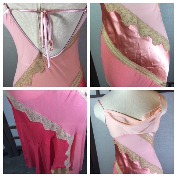 Vintage 90’s Y2K 100% Silk Slip Dress Cowl Boho Sheer Lace Backless Belladonna - Picture 10 of 16